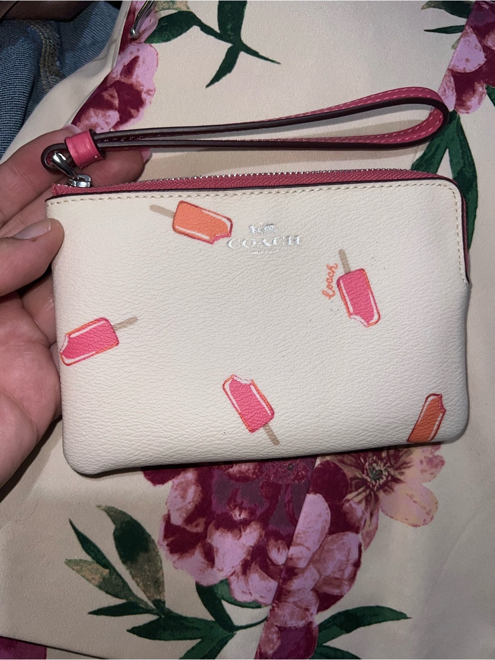 Coach Cream Wristlet with Pink & Coral Popsicle Print